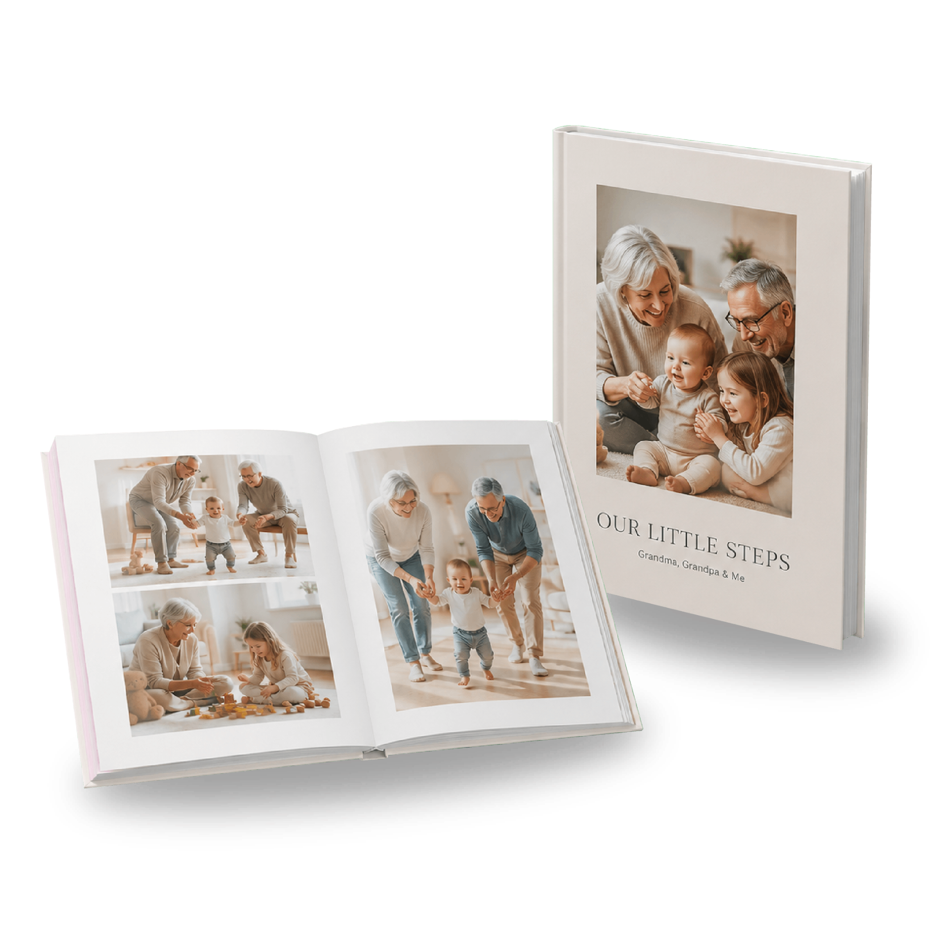 A beautiful printed photo album opened to show family memories, with the matching cover standing beside it